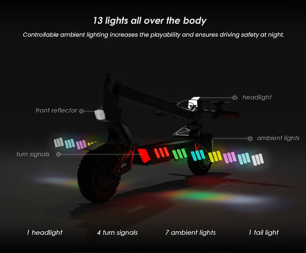 Trotineta electrica pliabila KuKirin G1 Pro, anvelopa pneumatica de 10 inchi, motor 2*800W, baterie 48V 20.8Ah, viteza maxima 55km, raza de actiune 70km, frana cu disc, 13 lumini Lumini ambientale
