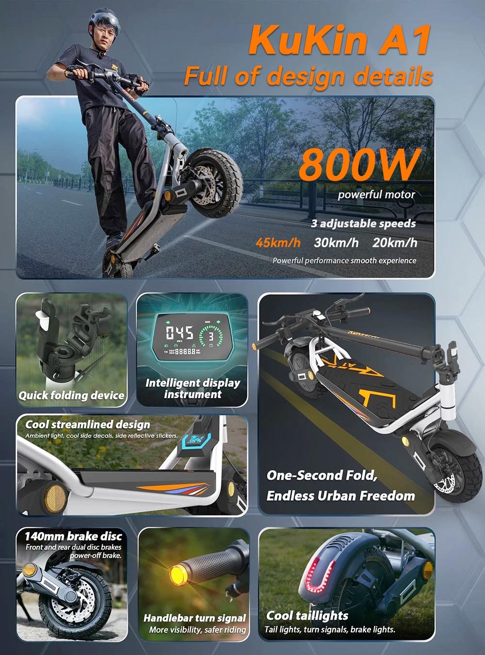Trotinetă electrică pliabilă Kukirin A1, motor de 800W, baterie de 48V 13Ah, anvelopă cu aspirator de 10 inch, viteză maximă de 45 km/h, autonomie de 45 km, frână pe disc față și spate, amortizare șocuri față și spate