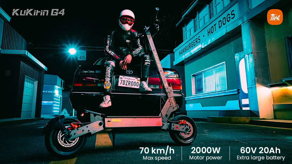 Trotinetă electrică KuKirin G4, 2 motoare de 1000 W, baterie de 60 V și 20 Ah, anvelope de 11 inch, viteză maximă de 70 km/h, autonomie de 75 km, frâne cu disc față și spate, amortizor cu patru brațe