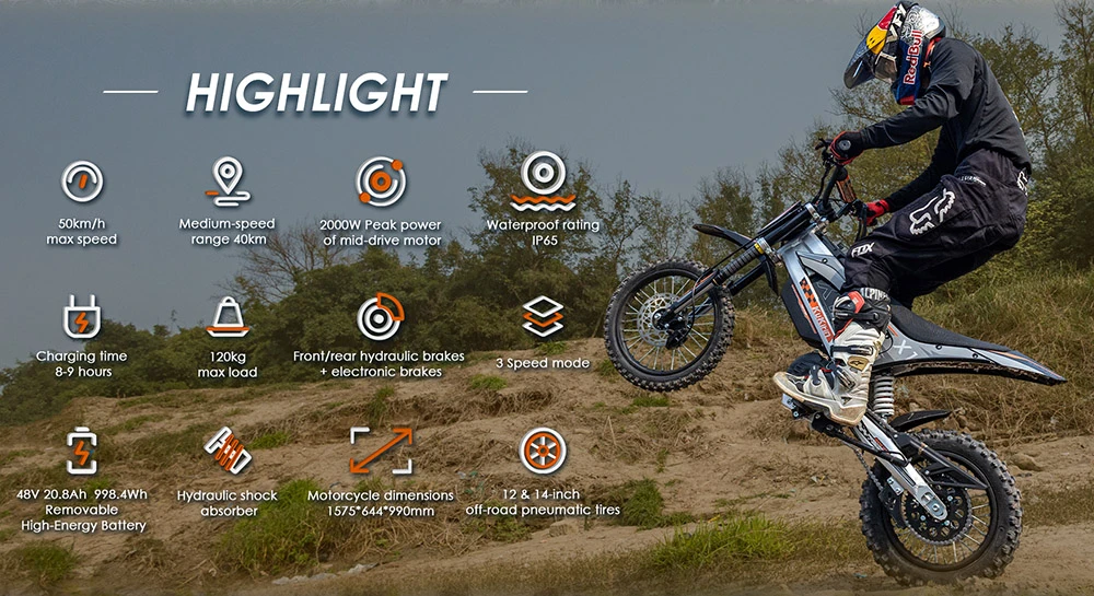 Motocicletă electrică Kukirin X1, motor de 1000W, baterie de 48V 20.8Ah, anvelope față de 14 inch și spate de 12 inch, viteză maximă de 50km/h, autonomie de 40km, frâne hidraulice față și spate, amortizare hidraulică a șocurilor