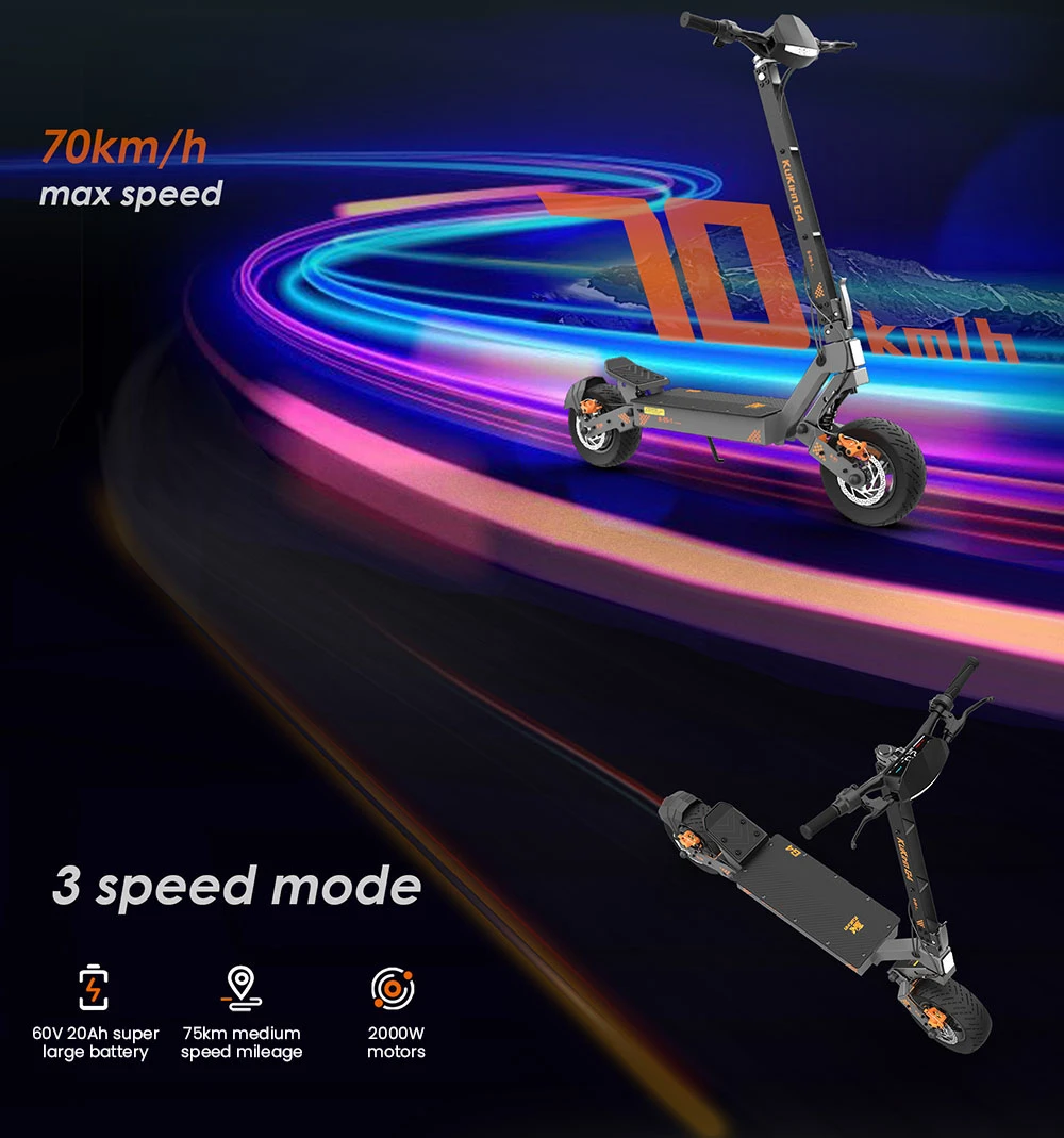 Trotinetă electrică KuKirin G4, 2 motoare de 1000 W, baterie de 60 V și 20 Ah, anvelope de 11 inch, viteză maximă de 70 km/h, autonomie de 75 km, frâne cu disc față și spate, amortizor cu patru brațe