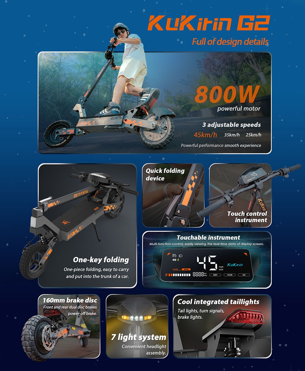 Trotineta electrica pliabila Kukirin G2 2025 Upgrade Motor 800W 48V 15.6Ah Baterie Anvelopa de 10 inchi Viteza maxima 45km/h Raza de actiune 55km Ecran tactil Display Frana cu disc Sistem de 7 lumini - Negru