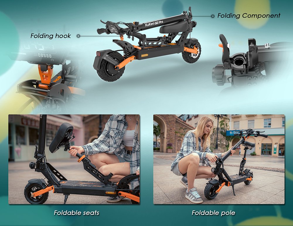 KuKirin G2 Pro 2024 Versiune nouă Trotinetă electrică pliabilă 9.0x3.0 inch Anvelopă fără cameră de vid 600W Motor 48V 15.6Ah Baterie 58km Rază maximă, Afișaj LCD HD Lumină dublă de frână cu LED Amortizor de șoc, Scaun detașabil Lumină de semnalizare