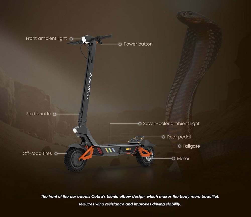 Trotineta electrica pliabila KuKirin G1 Pro, anvelopa pneumatica de 10 inchi, motor 2*800W, baterie 48V 20.8Ah, viteza maxima 55km, raza de actiune 70km, frana cu disc, 13 lumini Lumini ambientale