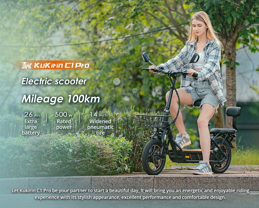 (Versiune actualizată) Trotinetă electrică KuKirin C1 Pro, motor de 500 W, baterie 48 V 26 Ah, anvelopă pneumatică de 14 inchi, viteză maximă de 45 km, autonomie de 100 km, pliabil cu un singur clic, scaun spate și coș de depozitare față, oglindă retrovizoare
