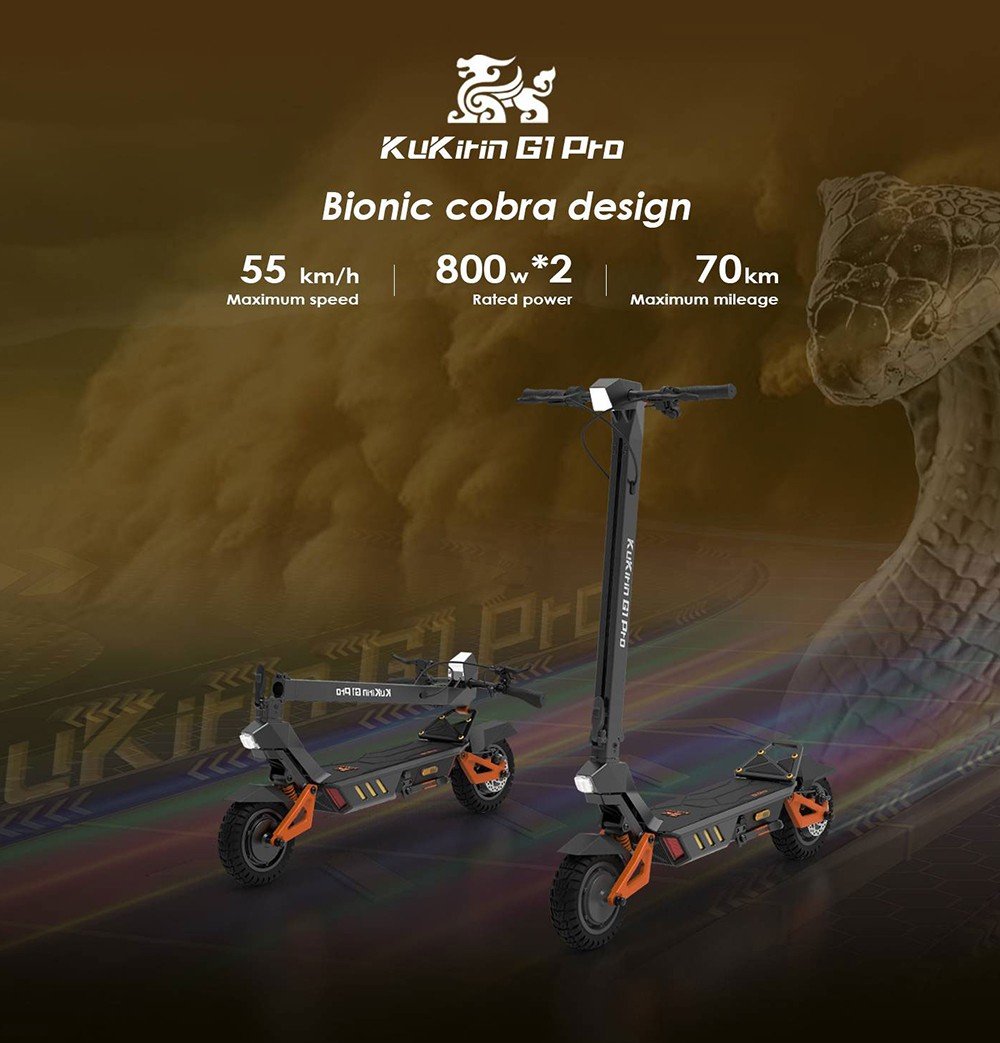 Trotinetă electrică pliabilă KuKirin G1 Pro, anvelopă pneumatică de 10 inchi, motor 2*800 W, baterie 48 V 20,8 Ah, viteză maximă 55 km, autonomie 70 km, frână cu disc, lumini ambientale