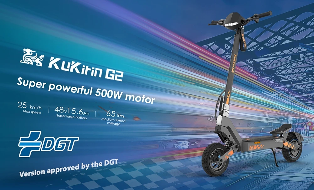 Trotinetă electrică KuKirin G2, motor de 500W, baterie de 48V 15.6Ah, viteză maximă de 25km/h, autonomie de 65km, anvelope tubeless de 10 inch, frâne cu disc dublu, unghi de urcare de 20°, rezistență la apă IPX4, sarcină maximă de 120kg