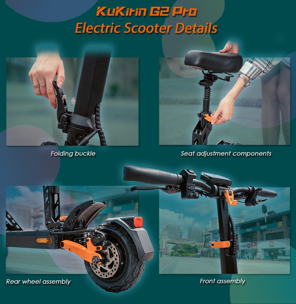 Trotineta electrica KuKirin G2 Pro versiunea 2024, motor fara perii de 600 W, baterie de 48 V 15,6 Ah, cauciucuri de 9 inchi de cauciuc, viteza maxima de 45 km/h, raza de actiune de 58 km, frane cu disc dublu, amortizor cu arc, scaun detasabil