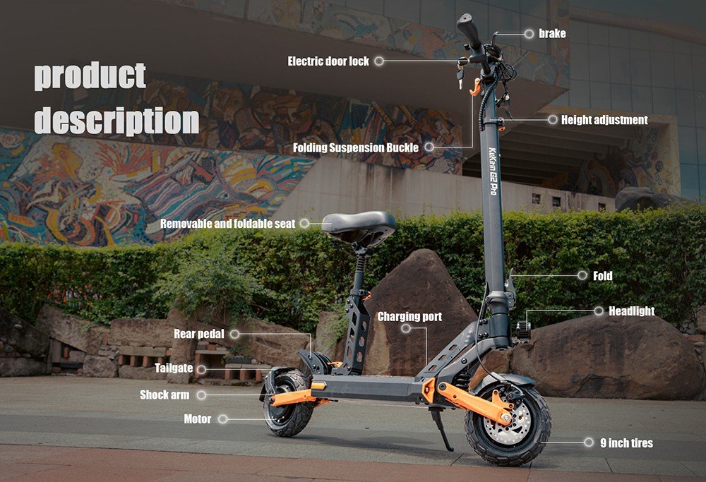 Trotineta electrica KuKirin G2 Pro versiunea 2024, motor fara perii de 600 W, baterie de 48 V 15,6 Ah, cauciucuri de 9 inchi de cauciuc, viteza maxima de 45 km/h, raza de actiune de 58 km, frane cu disc dublu, amortizor cu arc, scaun detasabil