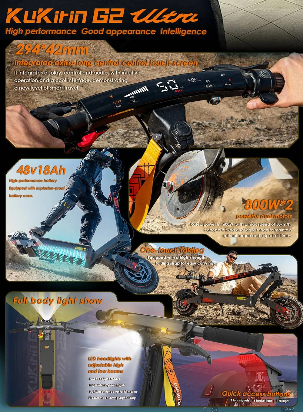 Trotinetă electrică pliabilă KuKirin G2 Ultra, motor 800W*2, baterie 48V 18Ah, anvelope de 10 inch, viteză maximă 50km/h, autonomie maximă 55km, frână pe disc față și spate, amortizoare cu arc față și spate