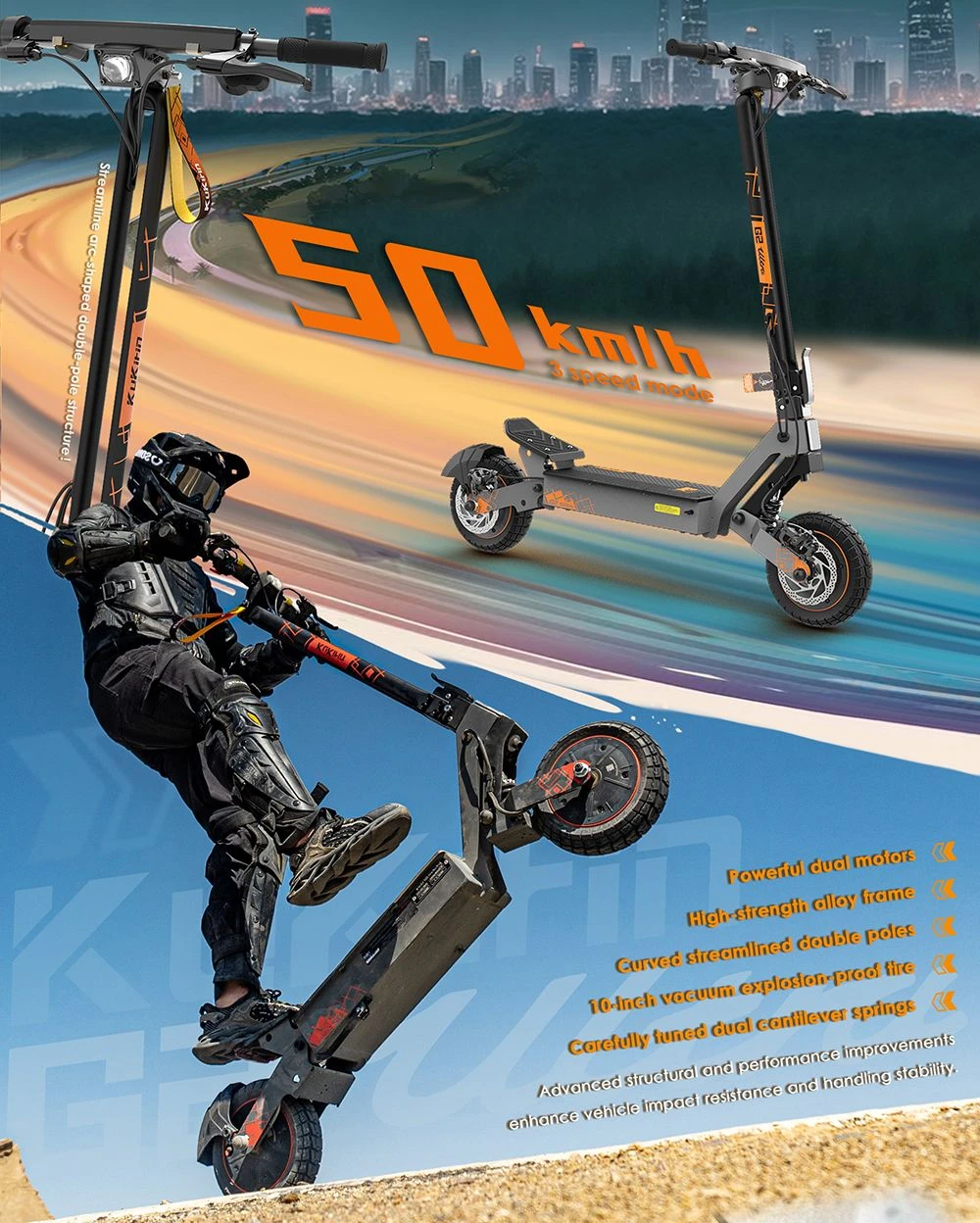Trotinetă electrică pliabilă KuKirin G2 Ultra, motor 800W*2, baterie 48V 18Ah, anvelope de 10 inch, viteză maximă 50km/h, autonomie maximă 55km, frână pe disc față și spate, amortizoare cu arc față și spate