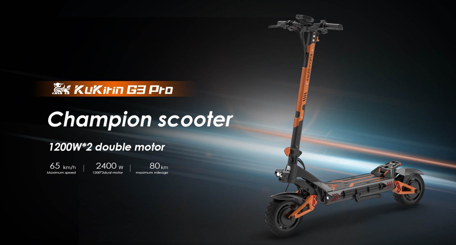 KuKirin G3 Pro 1200W*2 Motoare Scooter electric off-road 10 inch Anvelope, 52V 23.2Ah Baterie detașabilă, 80KM Gama de top, 65Km/h Viteză maximă, Amortizor dublu, IP54 Impermeabil, Frâne cu ulei dublu