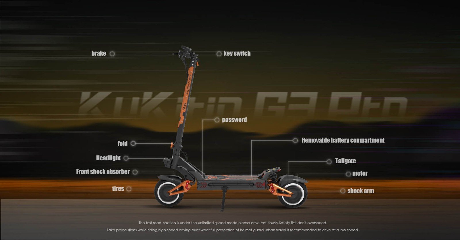 KuKirin G3 Pro 1200W*2 Motoare Scooter electric off-road 10 inch Anvelope, 52V 23.2Ah Baterie detașabilă, 80KM Gama de top, 65Km/h Viteză maximă, Amortizor dublu, IP54 Impermeabil, Frâne cu ulei dublu