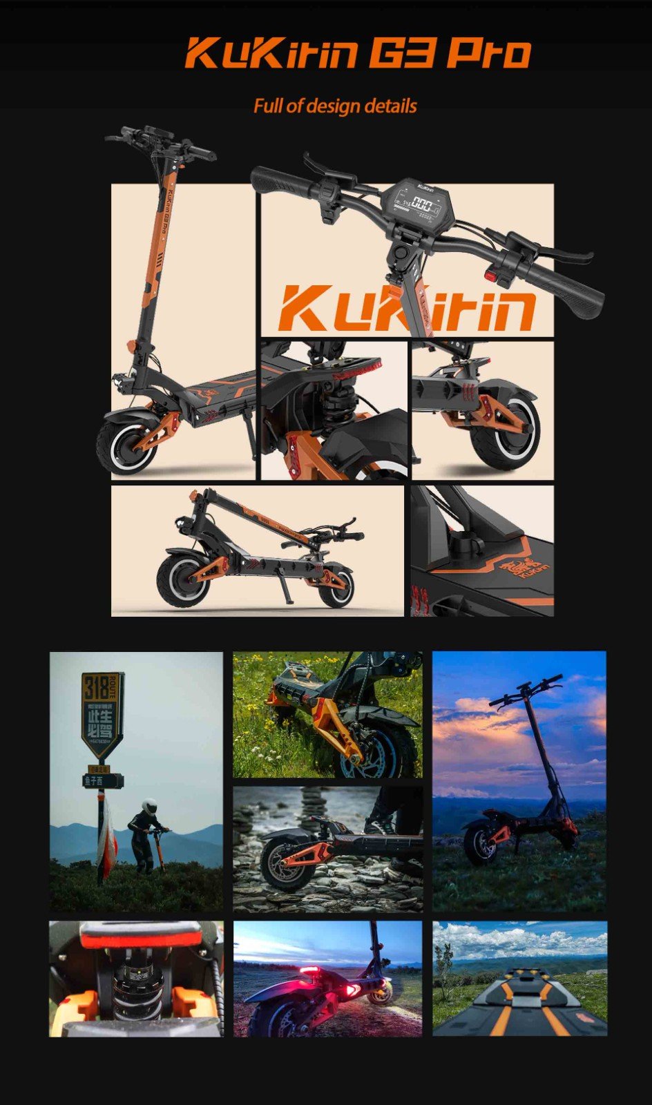 KuKirin G3 Pro 1200W*2 Motoare Scooter electric off-road 10 inch Anvelope, 52V 23.2Ah Baterie detașabilă, 80KM Gama de top, 65Km/h Viteză maximă, Amortizor dublu, IP54 Impermeabil, Frâne cu ulei dublu