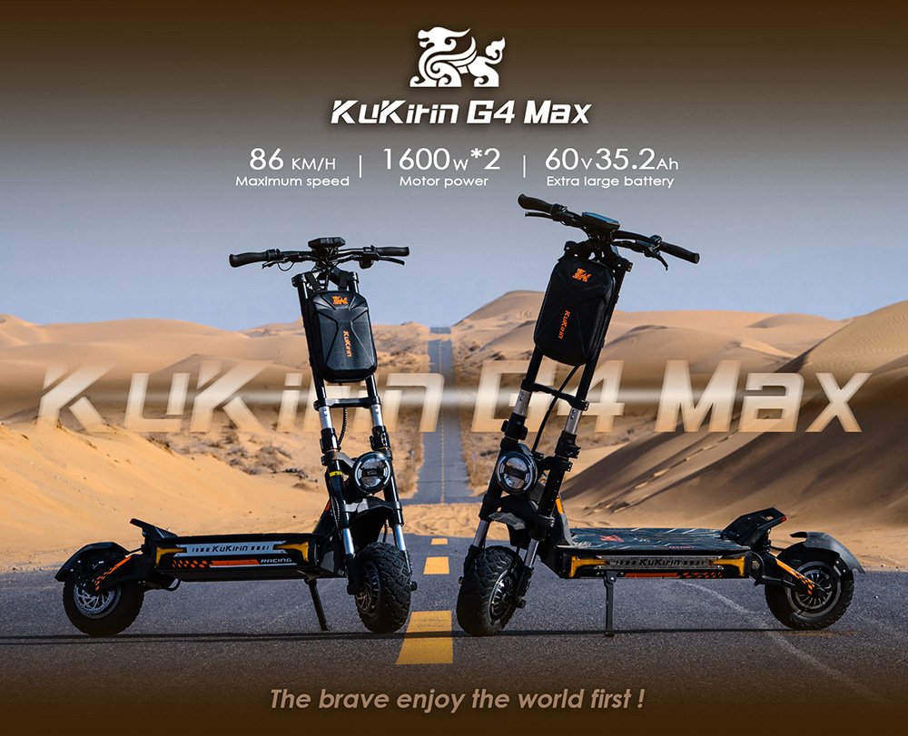 Trotineta electrica de teren KuKirin G4 Max, motor 2*1600W fără perii, cauciucuri pneumatice de teren de 12 inchi, baterie 60V 35,2Ah, autonomie maximă de 95 km, viteză maximă 86 km/h, frână cu ulei cu piston față și spate, impermeabil IP54