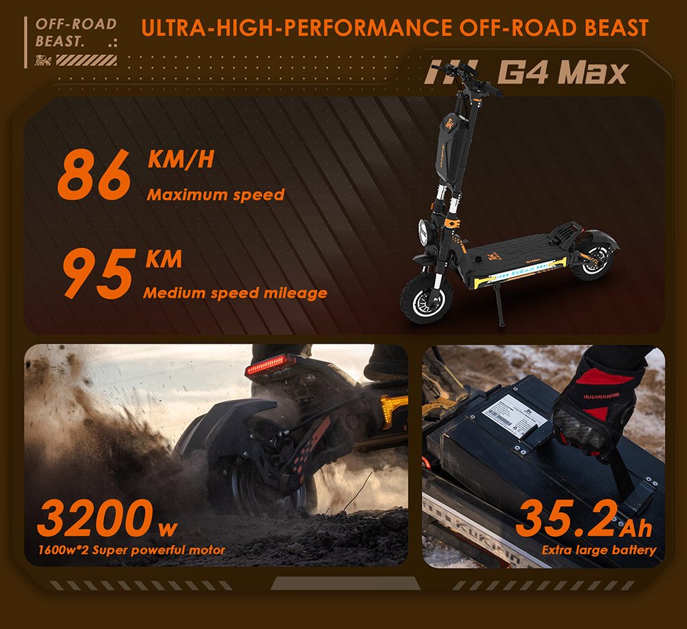 Trotineta electrica de teren KuKirin G4 Max, motor 2*1600W fără perii, cauciucuri pneumatice de teren de 12 inchi, baterie 60V 35,2Ah, autonomie maximă de 95 km, viteză maximă 86 km/h, frână cu ulei cu piston față și spate, impermeabil IP54