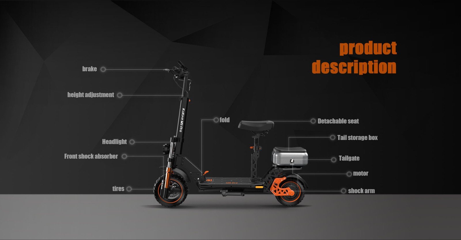 Trotineta electrica KuKirin M5 Pro 1000W Motor 52Km/h Viteza maxima 48V 20Ah Baterie cu raza de actiune 70KM, frane cu disc dublu, 7 lumini, moduri de viteza multiple 120KG sarcina maxima cu scaun detasabil