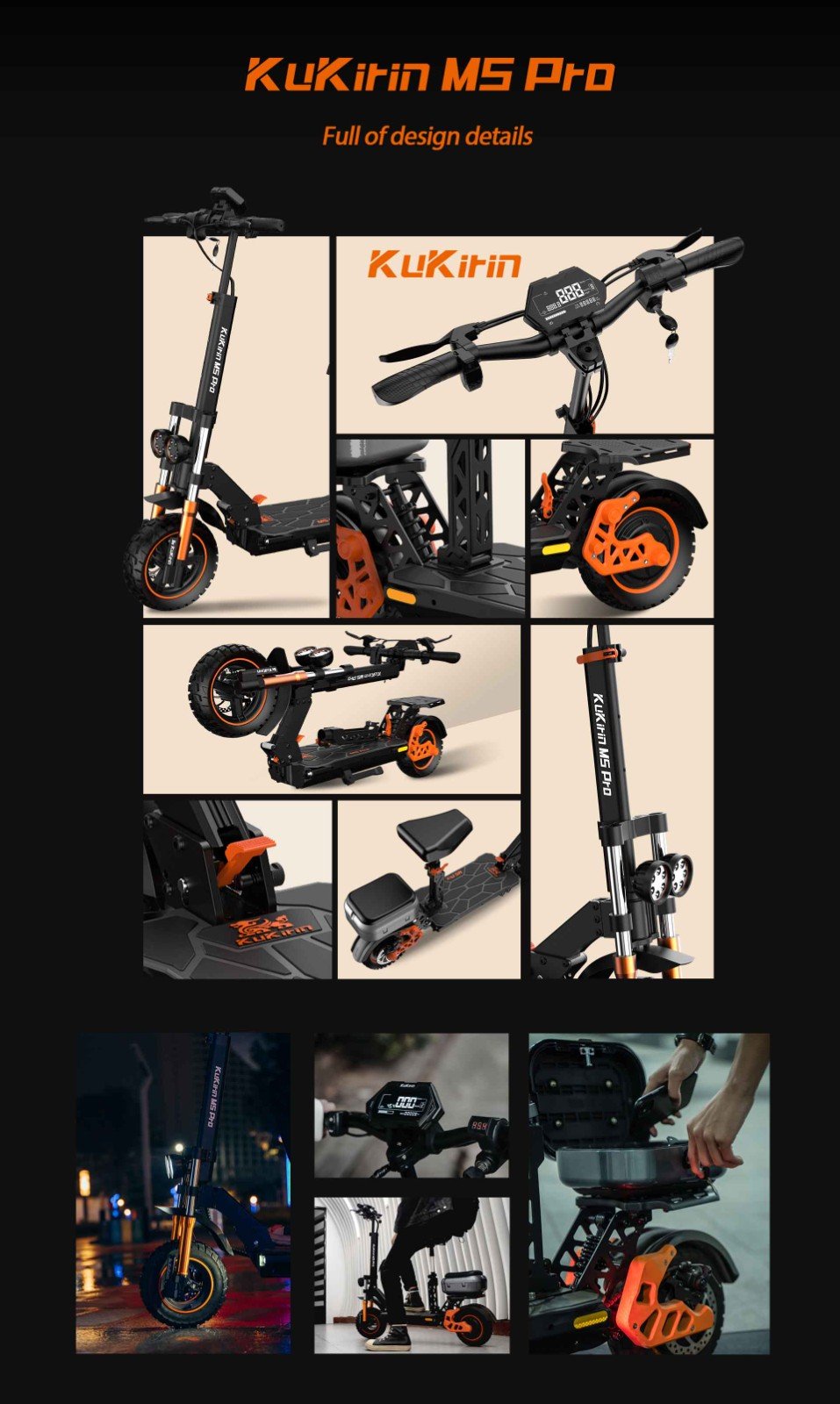 Trotineta electrica KuKirin M5 Pro 1000W Motor 52Km/h Viteza maxima 48V 20Ah Baterie cu raza de actiune 70KM, frane cu disc dublu, 7 lumini, moduri de viteza multiple 120KG sarcina maxima cu scaun detasabil
