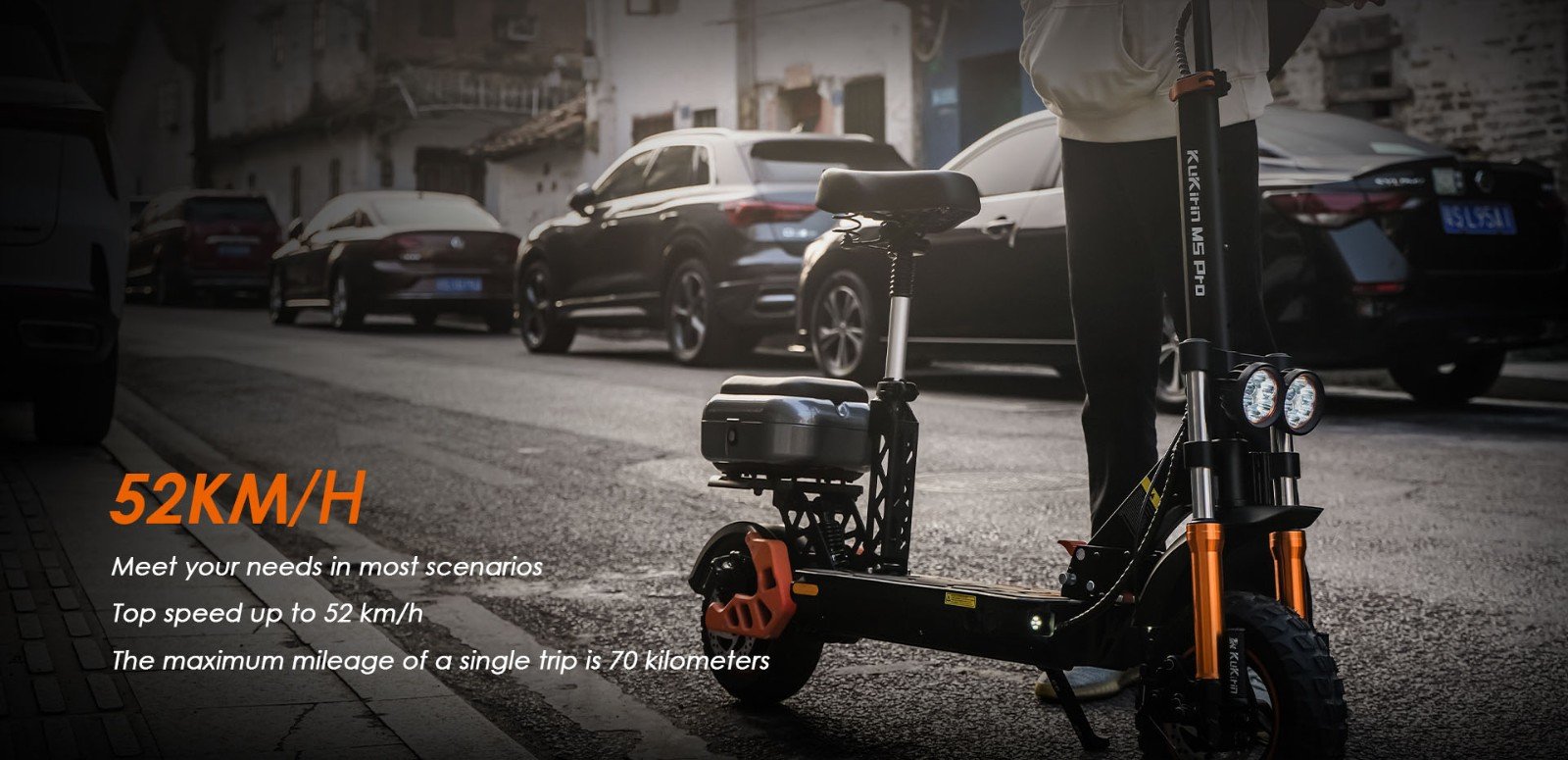 Trotineta electrica KuKirin M5 Pro 1000W Motor 52Km/h Viteza maxima 48V 20Ah Baterie cu raza de actiune 70KM, frane cu disc dublu, 7 lumini, moduri de viteza multiple 120KG sarcina maxima cu scaun detasabil