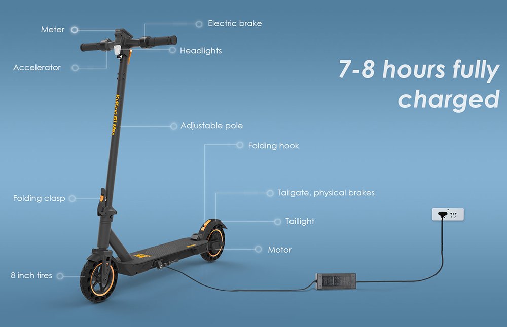 Trotineta electrica pliabila KuKirin S1 Max, motor de 350 W, baterie 36 V 10,4 Ah, cauciucuri de 8 inchi, viteza maxima de 30 km/h, raza de actiune de 39 km, frana electronica fata, absorbtie a socurilor cu arc spate, display inteligent