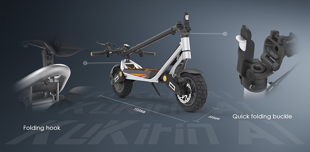 Trotinetă electrică pliabilă Kukirin A1, motor de 800W, baterie de 48V 13Ah, anvelopă cu aspirator de 10 inch, viteză maximă de 45 km/h, autonomie de 45 km, frână pe disc față și spate, amortizare șocuri față și spate