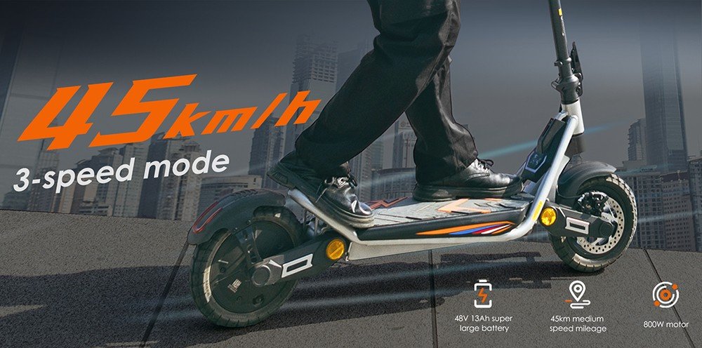 Trotinetă electrică pliabilă Kukirin A1, motor de 800W, baterie de 48V 13Ah, anvelopă cu aspirator de 10 inch, viteză maximă de 45 km/h, autonomie de 45 km, frână pe disc față și spate, amortizare șocuri față și spate