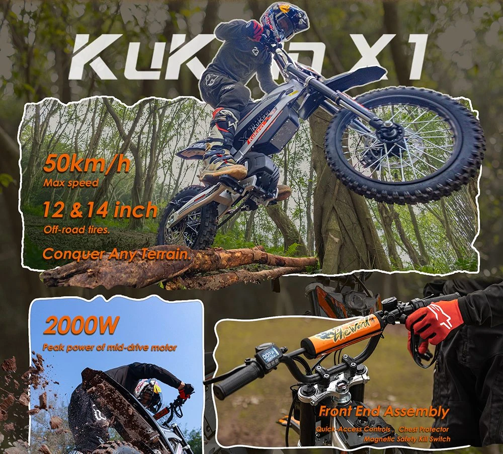 Motocicletă electrică Kukirin X1, motor de 1000W, baterie de 48V 20.8Ah, anvelope față de 14 inch și spate de 12 inch, viteză maximă de 50km/h, autonomie de 40km, frâne hidraulice față și spate, amortizare hidraulică a șocurilor