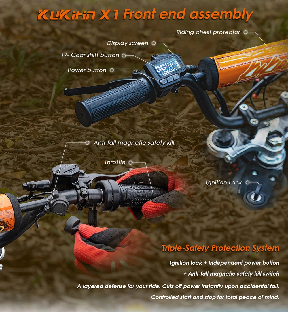 Motocicletă electrică Kukirin X1, motor de 1000W, baterie de 48V 20.8Ah, anvelope față de 14 inch și spate de 12 inch, viteză maximă de 50km/h, autonomie de 40km, frâne hidraulice față și spate, amortizare hidraulică a șocurilor
